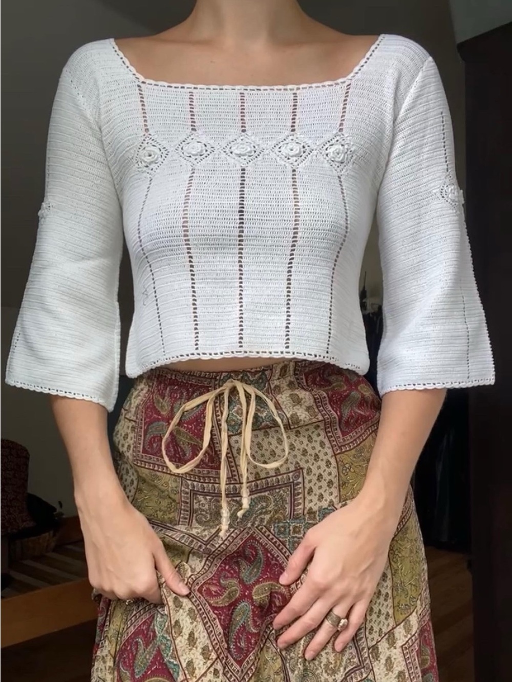 Vintage White Crocheted Square-Neck Maxi Top